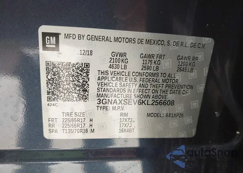 2019 Chevrolet Equinox Ls z USA, uszkodzony, nr VIN 3GNAXSEV6KL256608